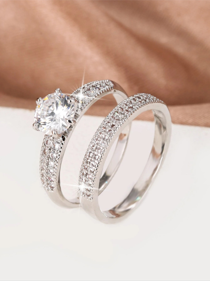 2pcs CZ Ring Set Women Engagement Wedding Band Cubic Zirconia Jewelry Gift