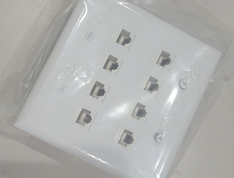 2 of Ethernet Wall Plate CAT6 8-Port 2 Gang Network Female F/F white w/ cut in