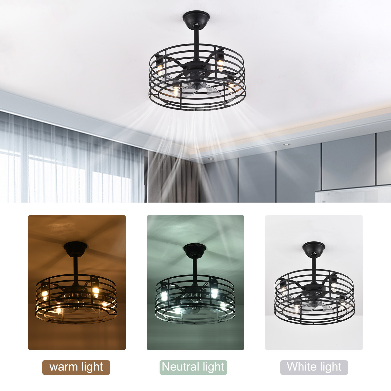 20" Rustic Caged Bladeless Ceiling Fan with Light Remote Control Flush Mount Fan