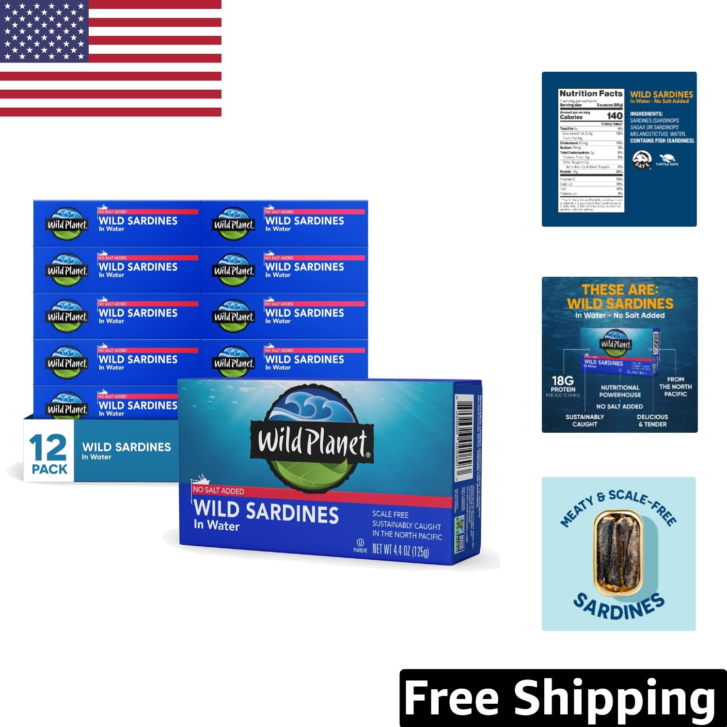 Sustainable Wild Sardines in Water - No Salt Added, 52.8 Ounces, Pack of 12