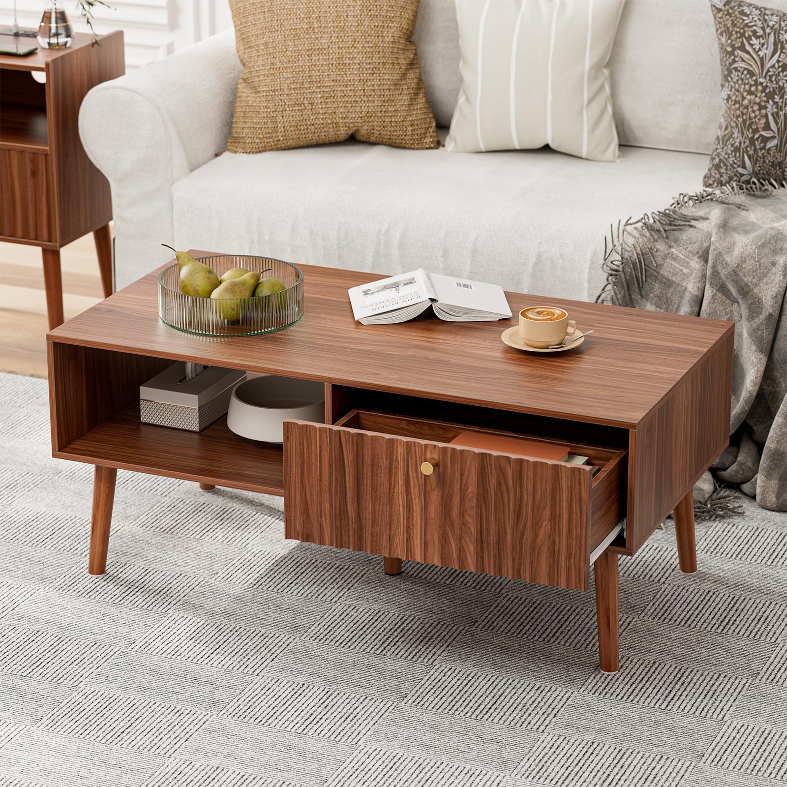 Coffee Table with Fluted Drawer, Mid-Century, Walnut
