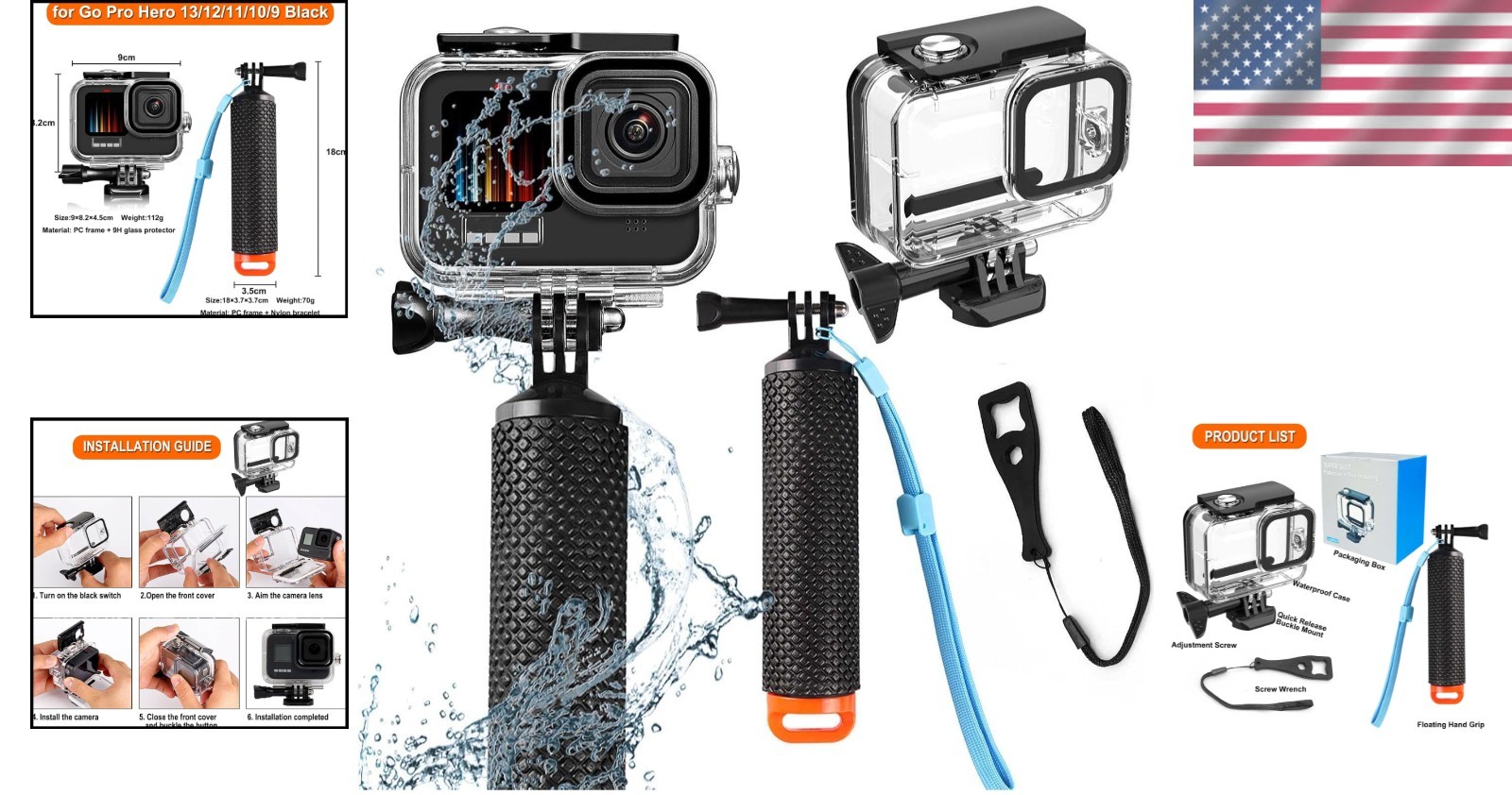GoPro Hero Waterproof Case - 60M Diving Shell with Floating Grip Accessory Kit