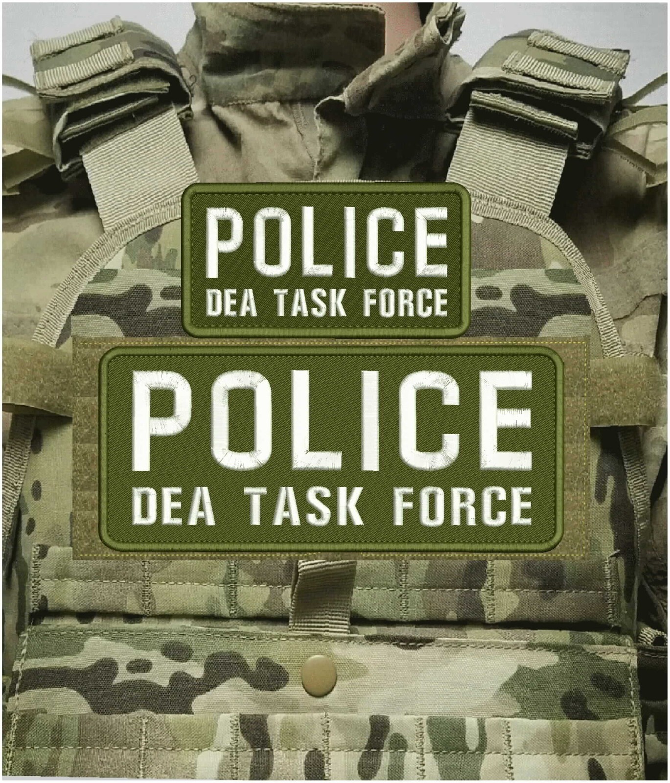 POLICE DEA TASK FORCE EMB PATCHES 4X10 AND 3X6 HOOK ON BACK WHITE ON OD GREEN
