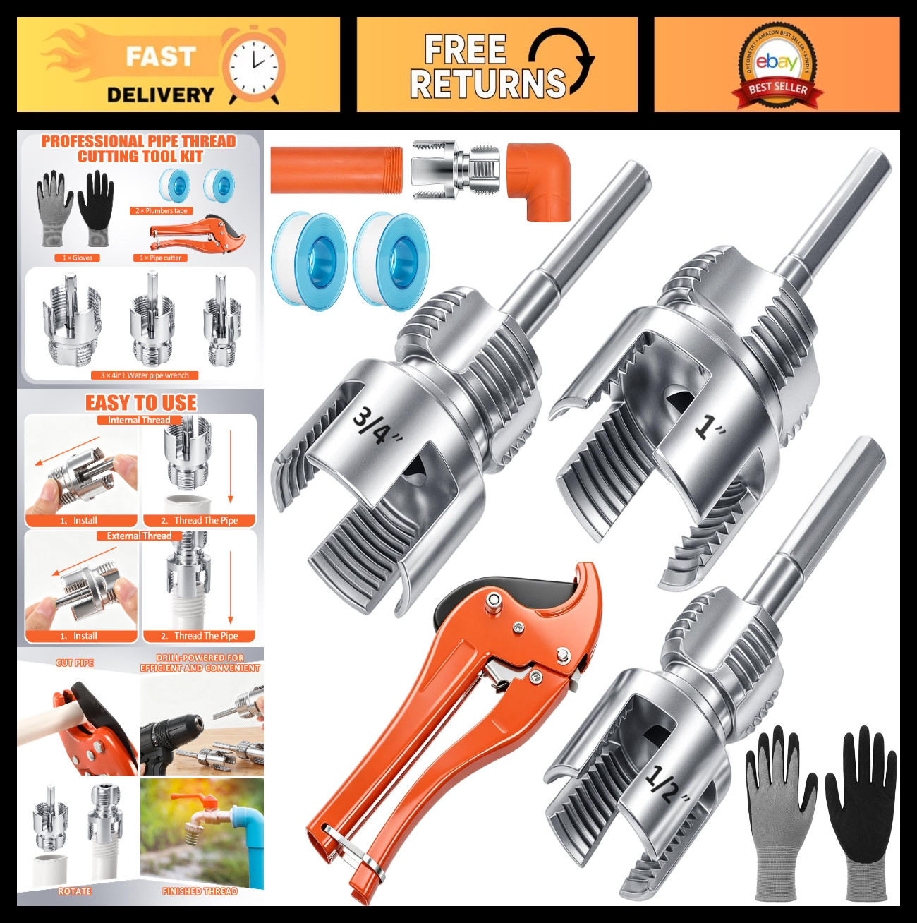 4-in-1 Water Pipe Wrench & Threader Tool Kit - 1/2" 3/4" 1" Cutter, PTFE Tape, G