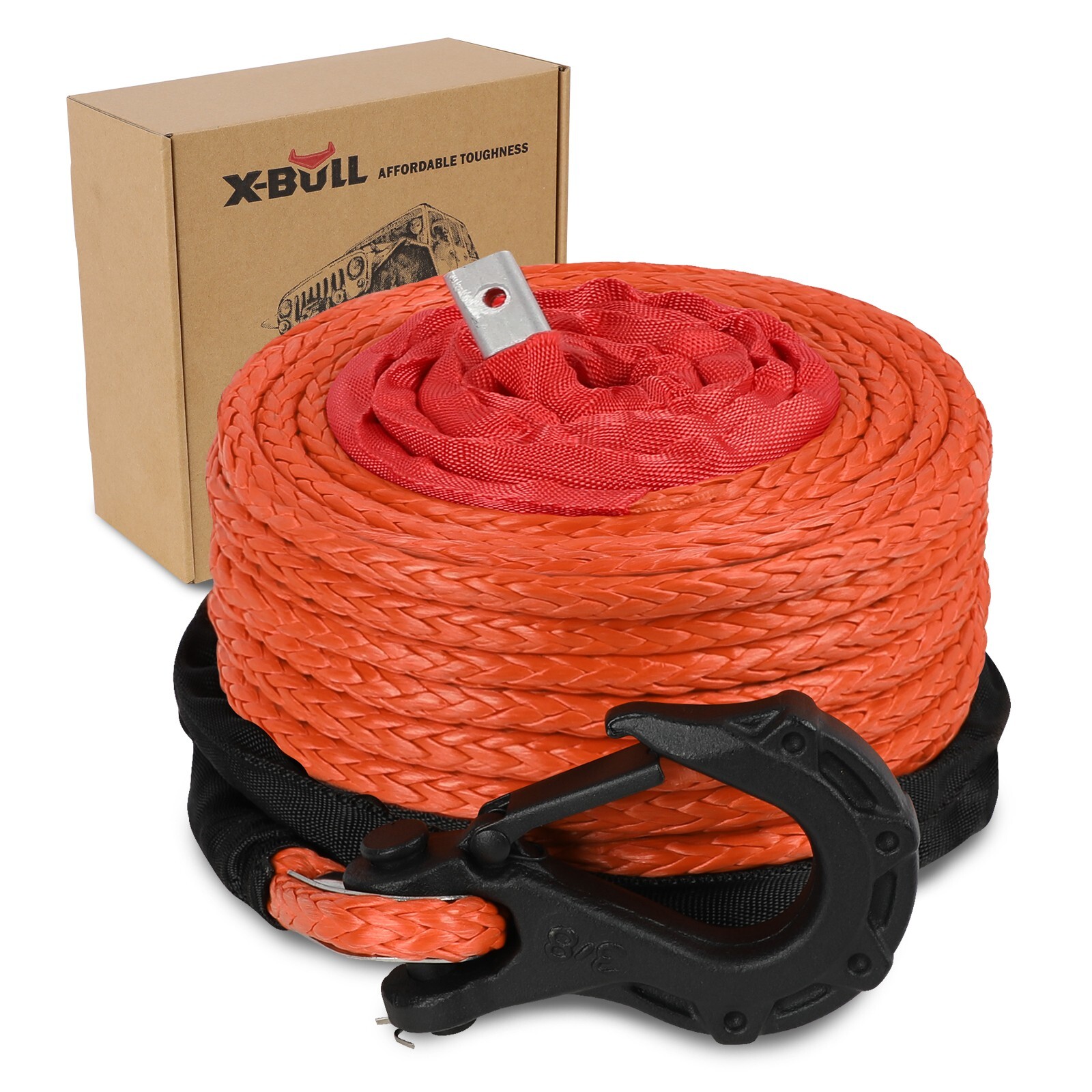 X-BULL 3/8"x100ft Synthetic Winch Recovery Rope Heavy Duty With Hook 4WD
