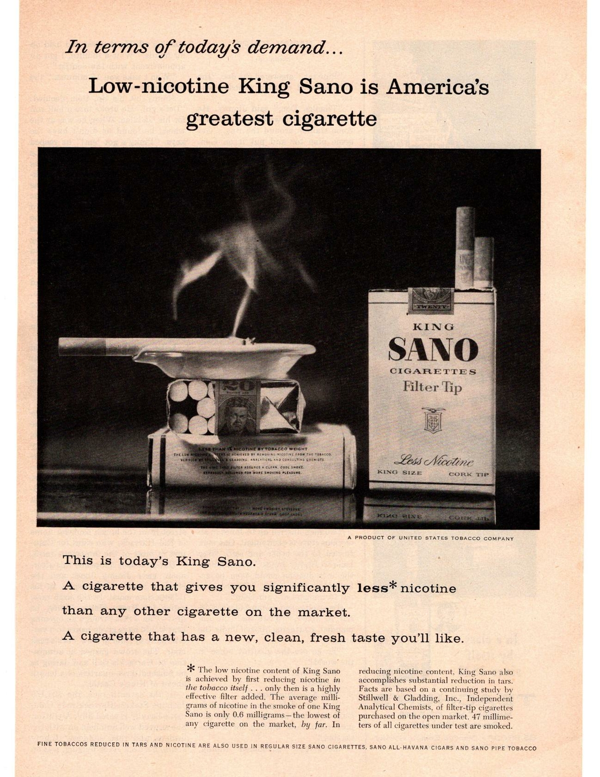 1958 King Sano Filter Tip Low Nicotine King Americas Greatest Cigarette Print Ad