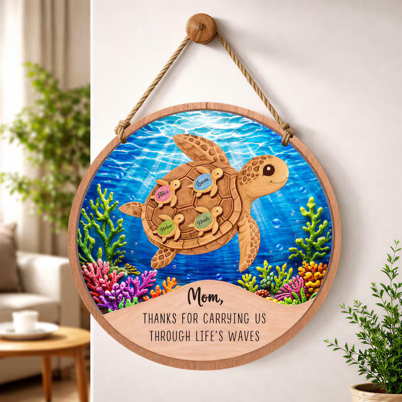 Custom Sea Turtle Family Wall Sign with Rope