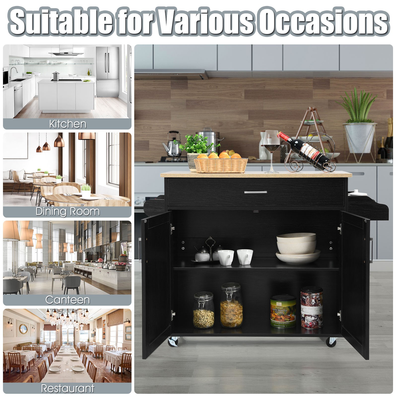 Costway Rolling Kitchen Island Cart Storage Cabinet w/ Towel & Spice Rack Black