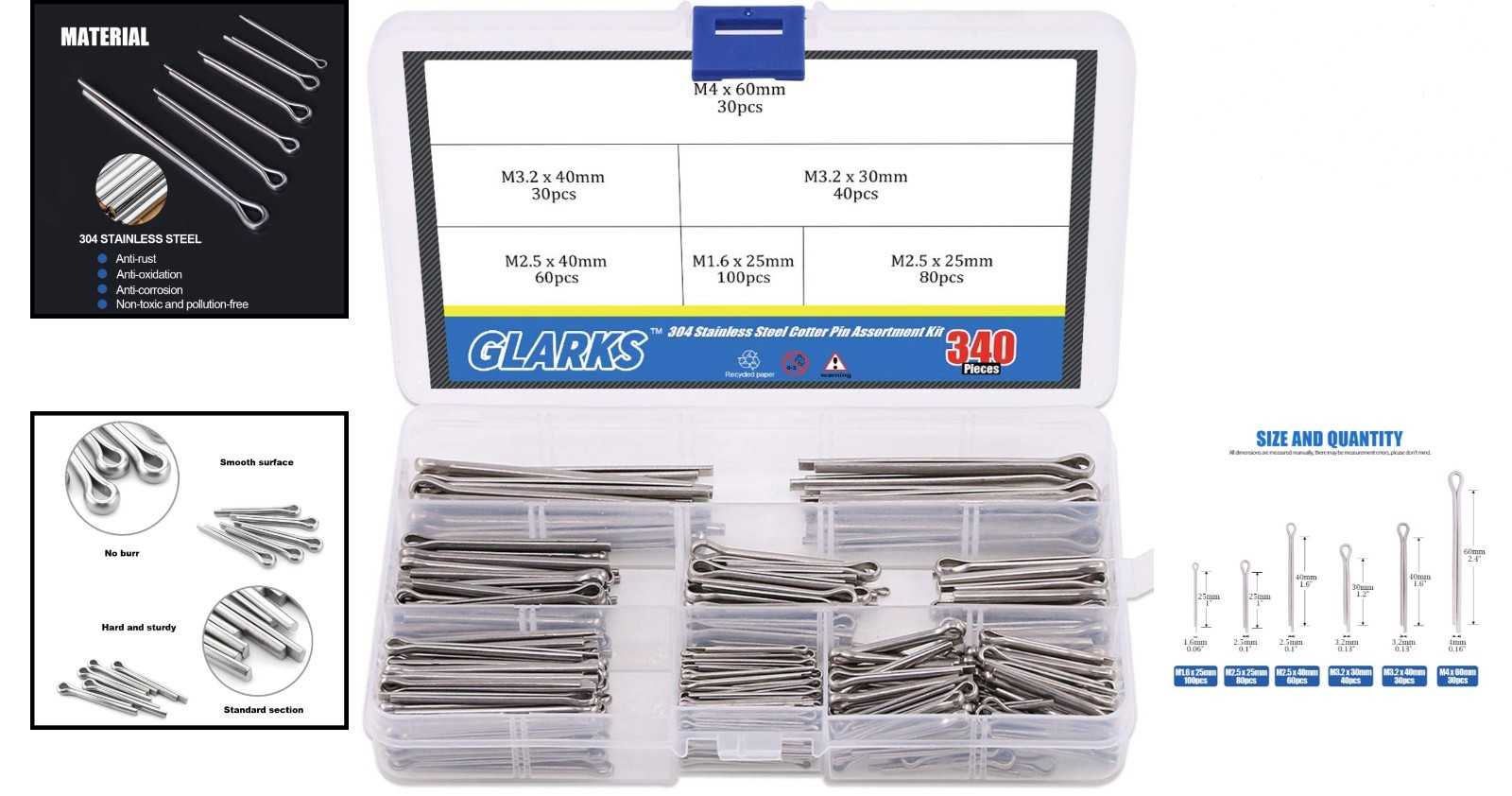 340-Piece Stainless Steel Cotter Pin Assortment Kit - 6 Sizes for Versatile Use