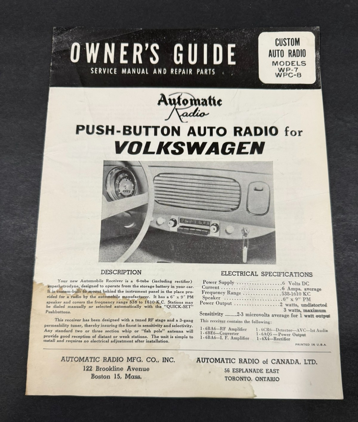 Automatic Radio WP-7 & WPC-8 for Volkswagen Owner's Guide