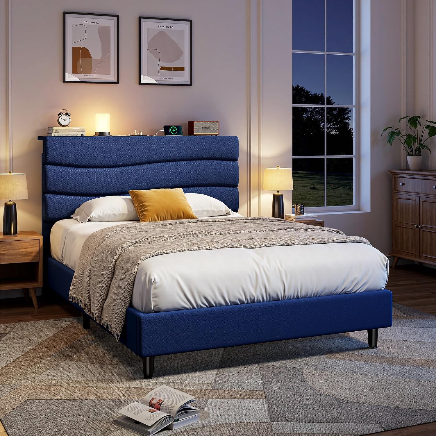 Twin Size Bed Frame W/ Adjustable Height Headboard Noise-Free Upholstered