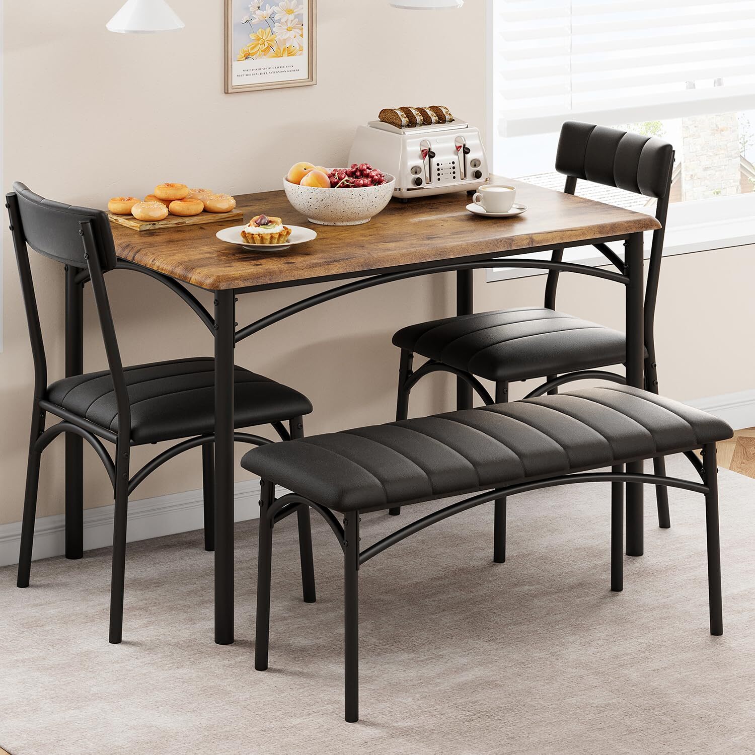 Dining Table Set for 4 Dinette Kitchen Table Set w/Upholstered Bench & 2 Chairs