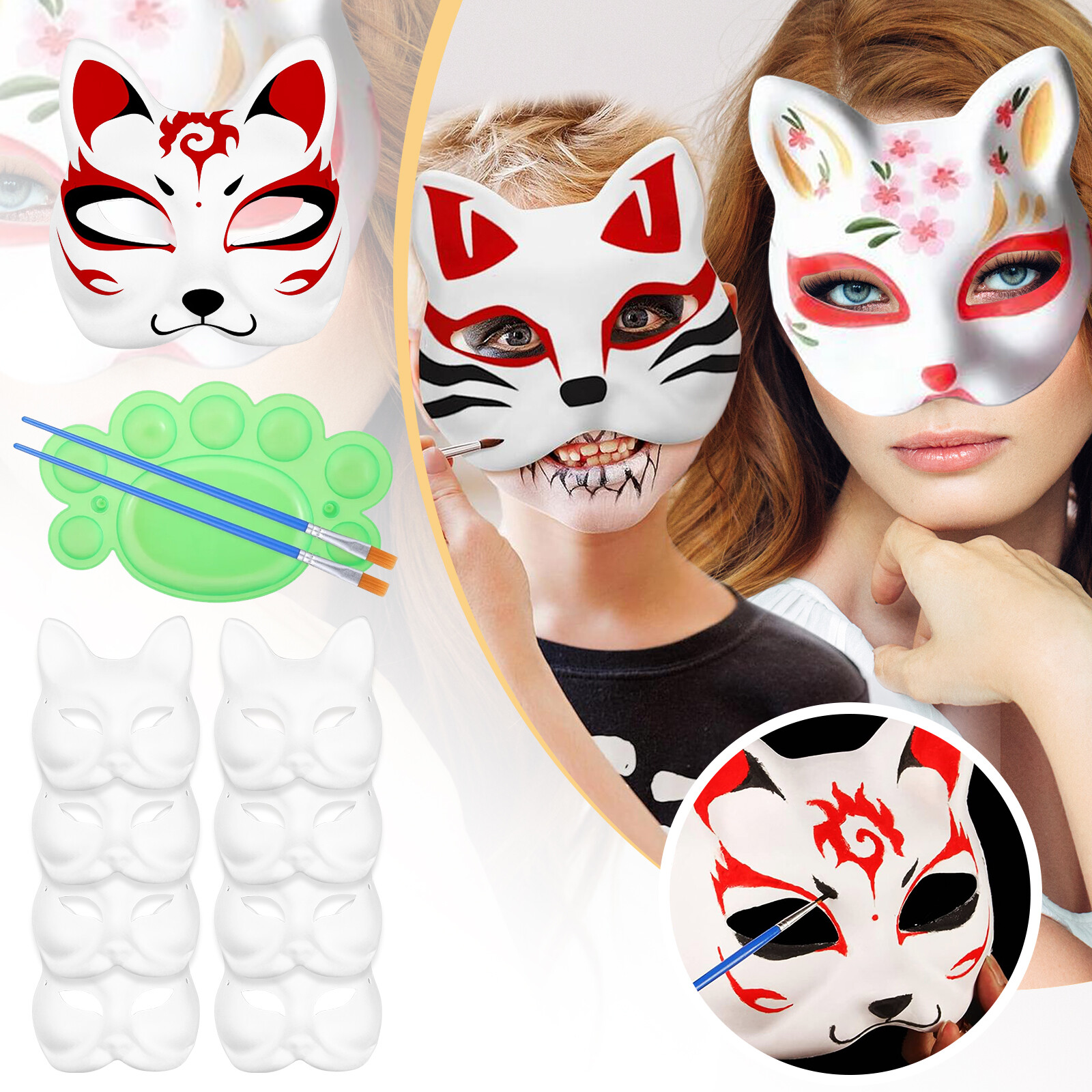 Blank Paper Full Face Masks 8pcs Carnival DIY Cat Masks with Paintbrush Palette
