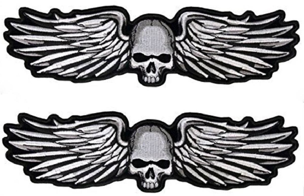 SKULL METAL WINGS EMBROIDERED PATCH  - 2PC  IRON ON OR SEW  5"x2"