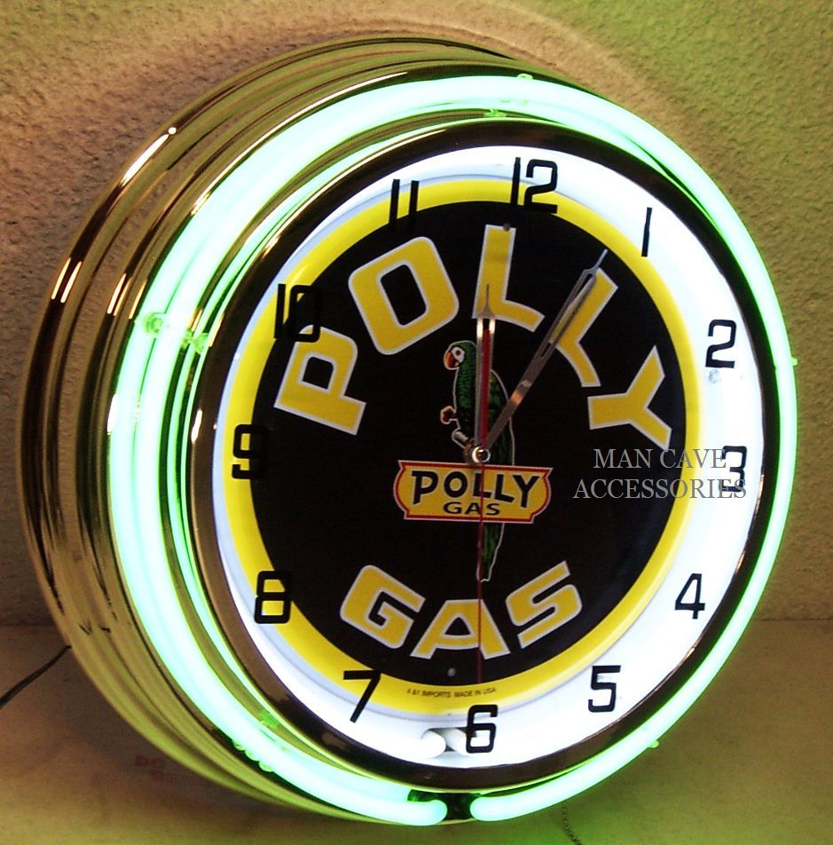 18" POLLY Gasoline Motor Oil Gas Station Sign Green Double Neon Clock