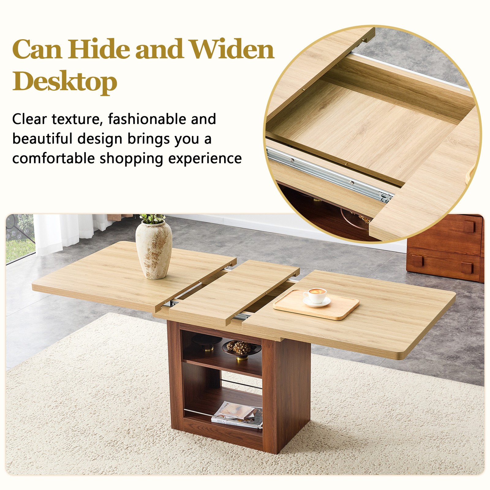 Expandable Dining Table w/storage space,59" to 71" kitchen Dining Table Walnut