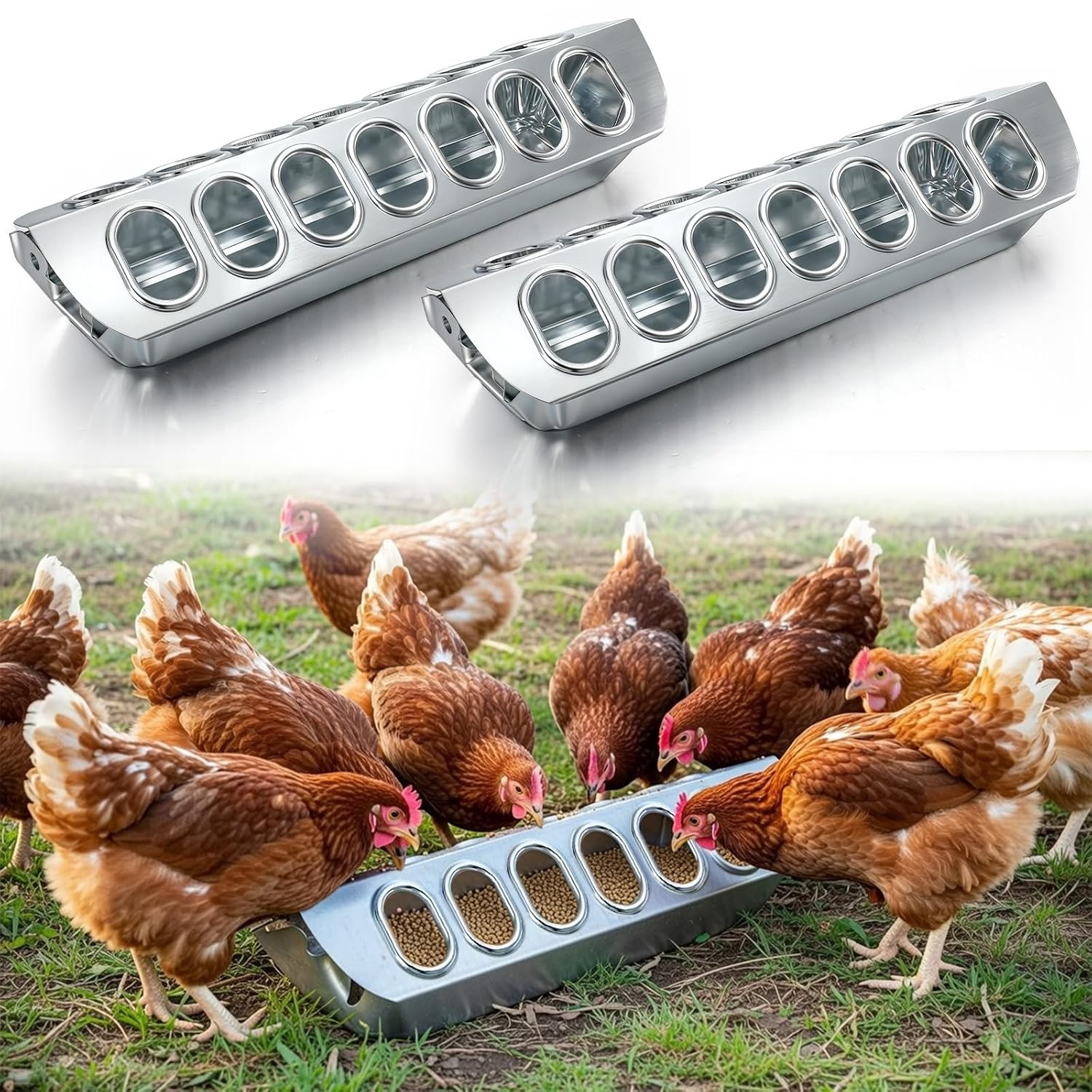 2 Pcs Slide-Top Poultry Feeder Durable Galvanized Metal Chicken Feeder Trough wi