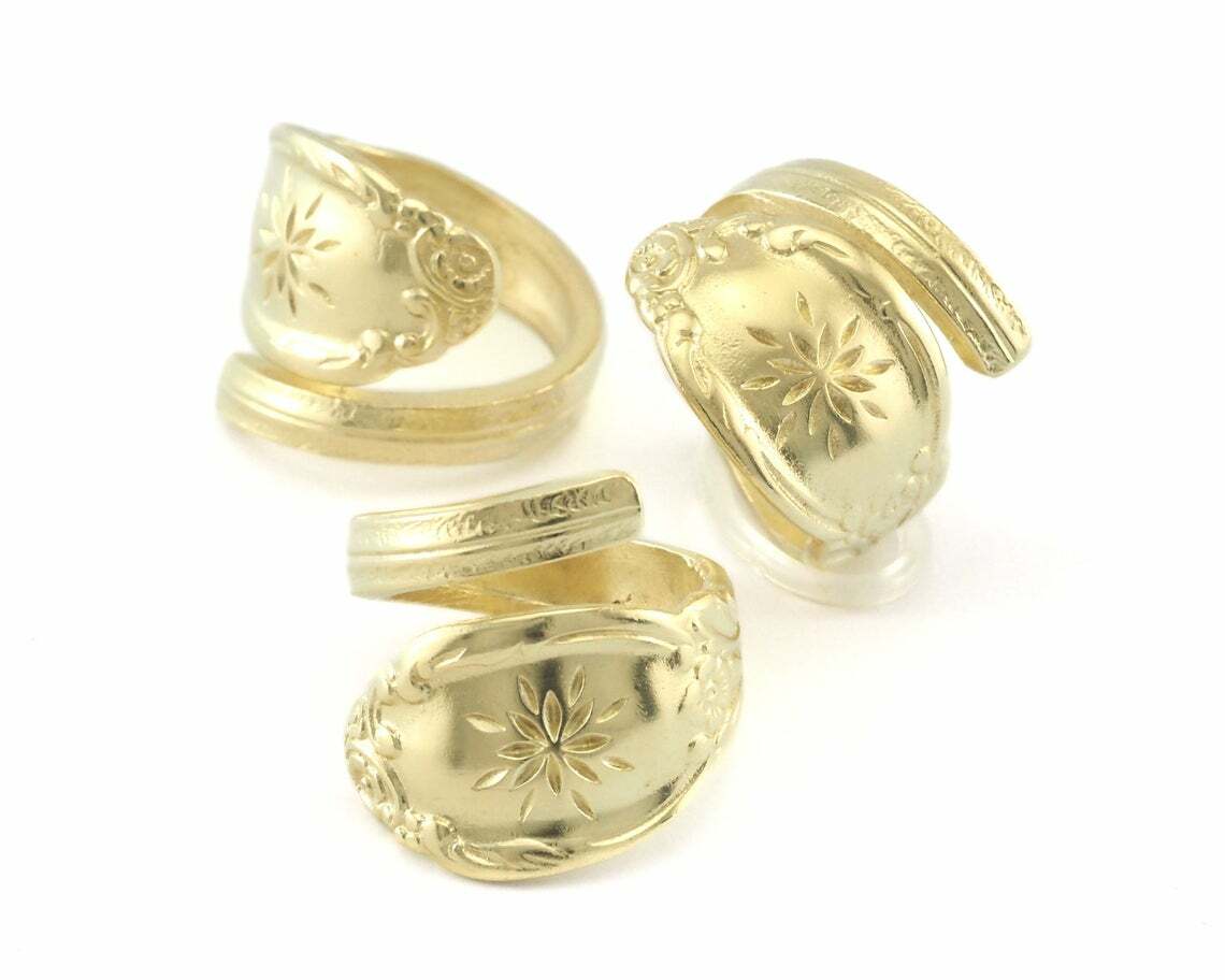 Spoon Wrap Ring Flower Patterned Raw Brass 7US Adjustable 4064