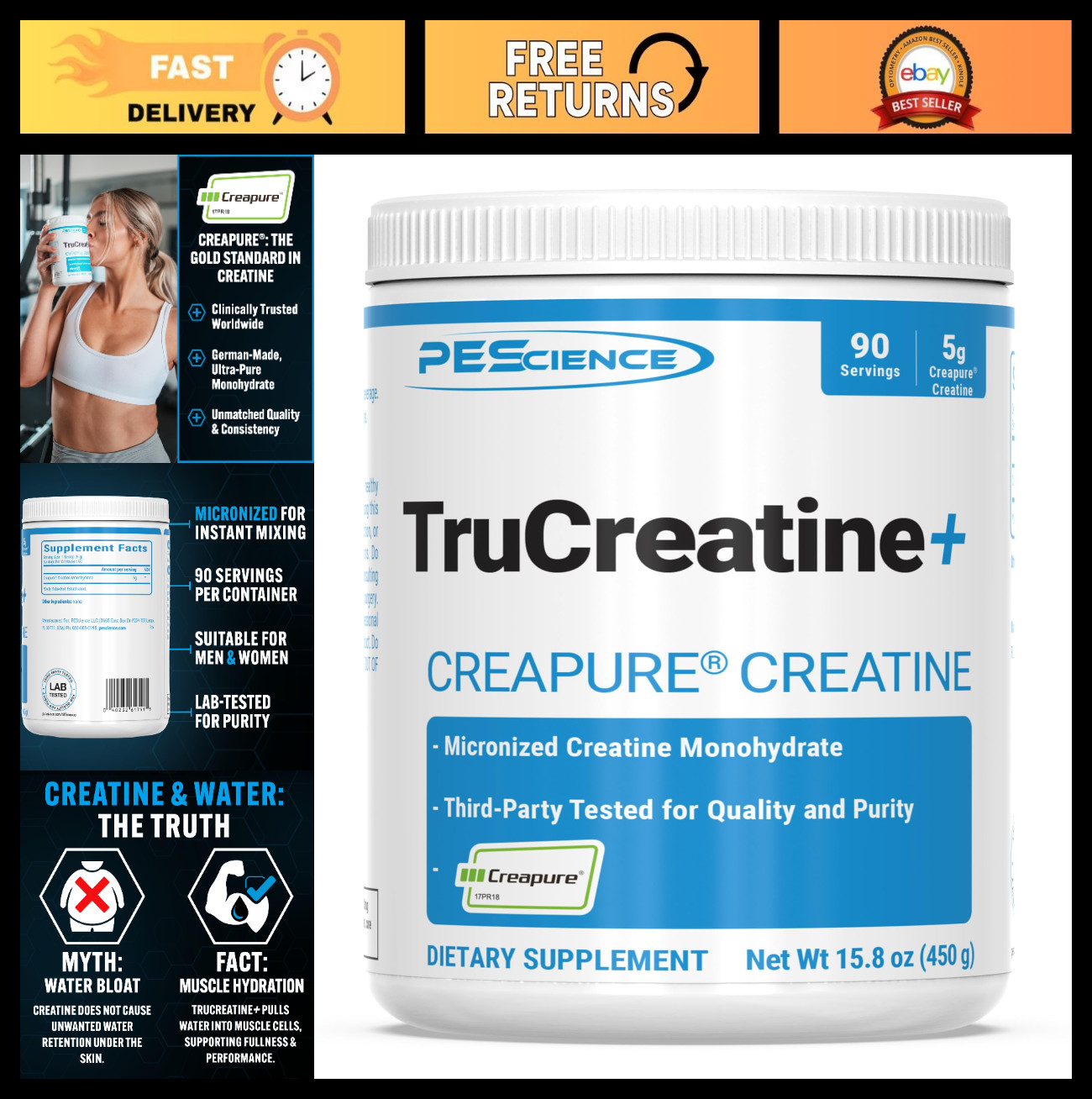 Creatine Monohydrate Powder, 90 Servings, Unflavored | Micronized for Muscle Gro