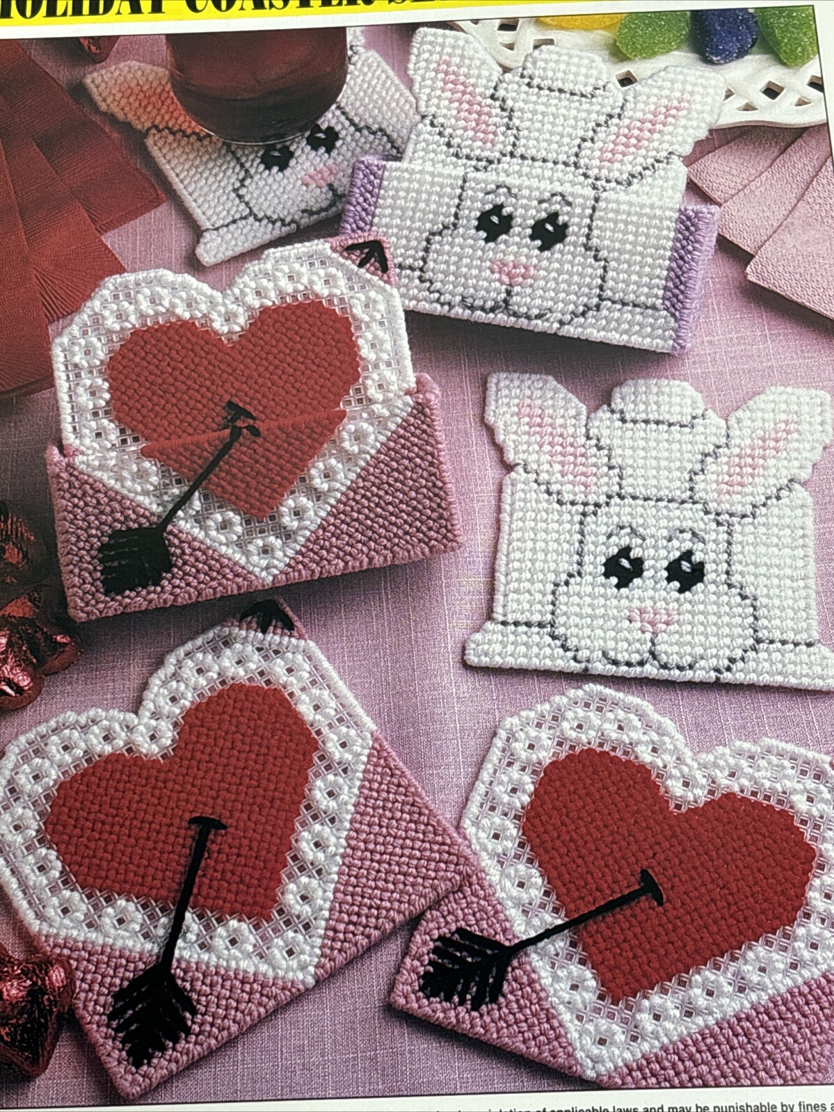 Holiday Coasters Set Heart & Rabbit Annie's Attic Plastic Canvas Pattern Page