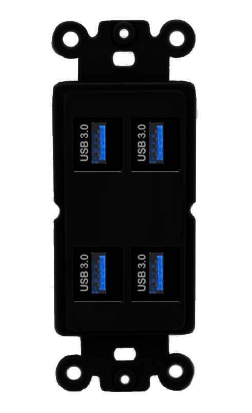 [4 Ports] 4 USB-3 Port Rocker Wall Plate Black