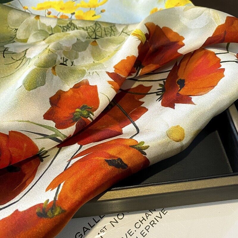 100% Silk Mulberry 27" Square Scarf Women Vintage Neckerchief Wrap Orange Flower