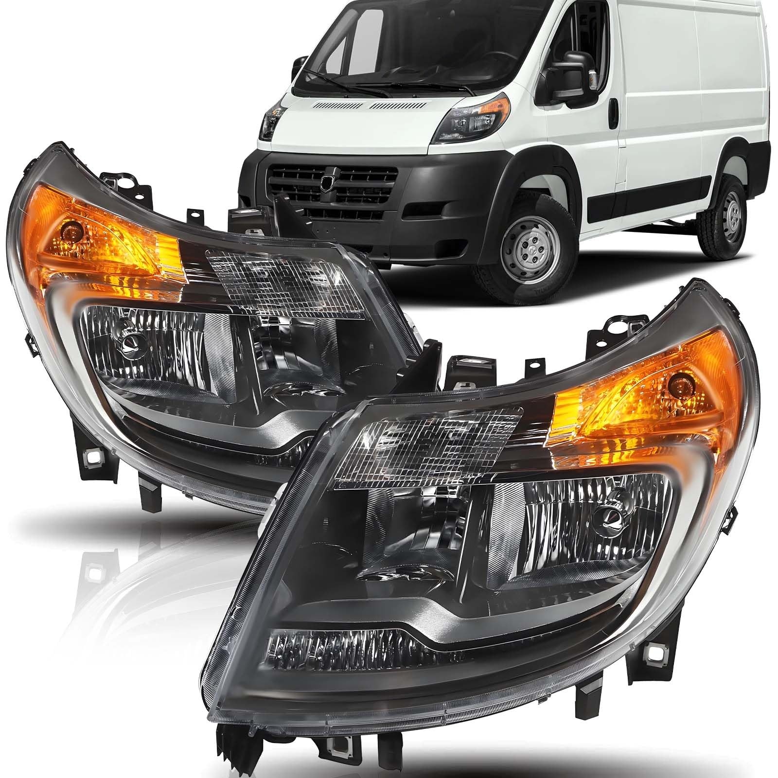 Headlights With DRL for RAM ProMaster 2014 2022 Halogen Black Amber 68154589AF
