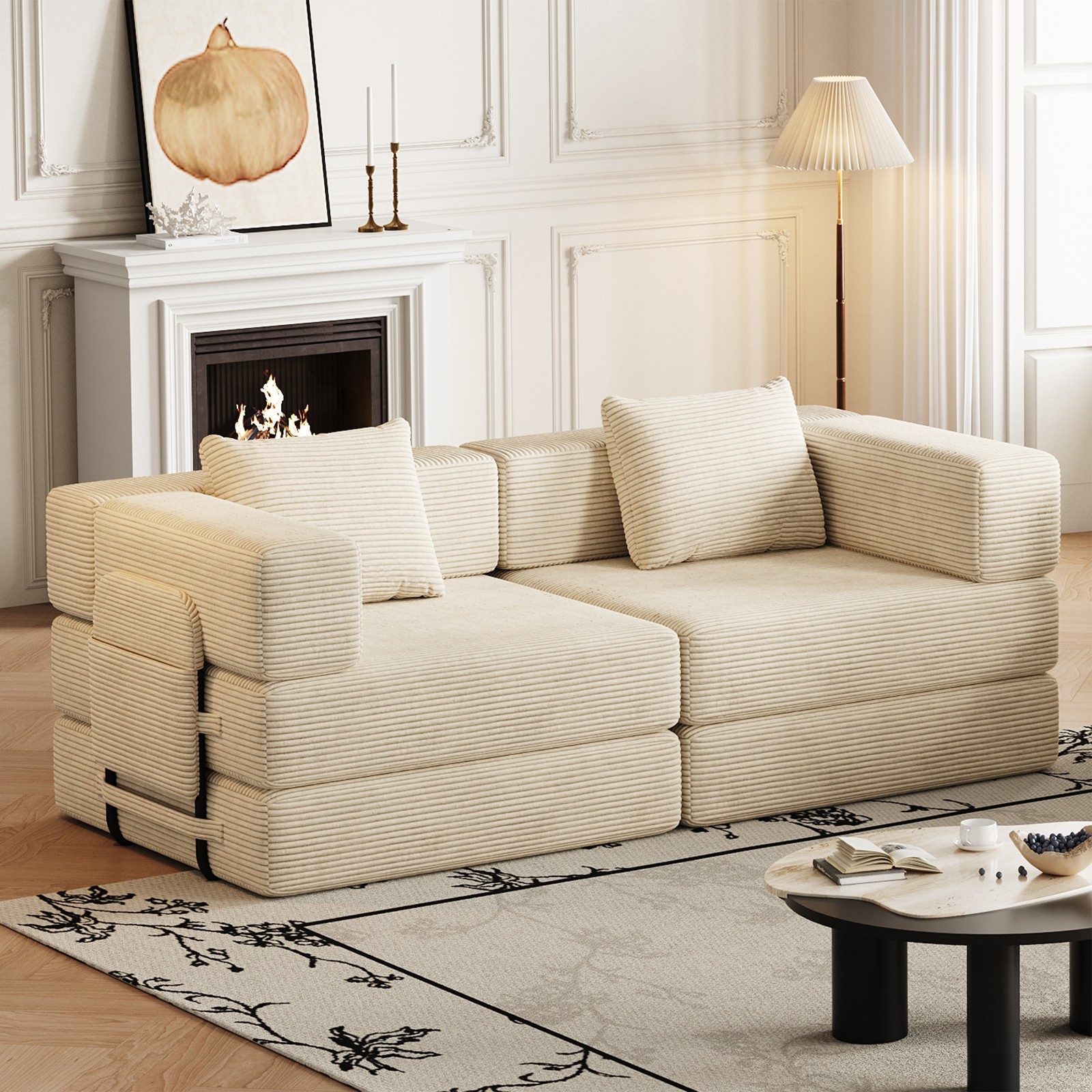 72in convertible sofa bed, corduroy fabric sofa comfortable folding sofa Beige