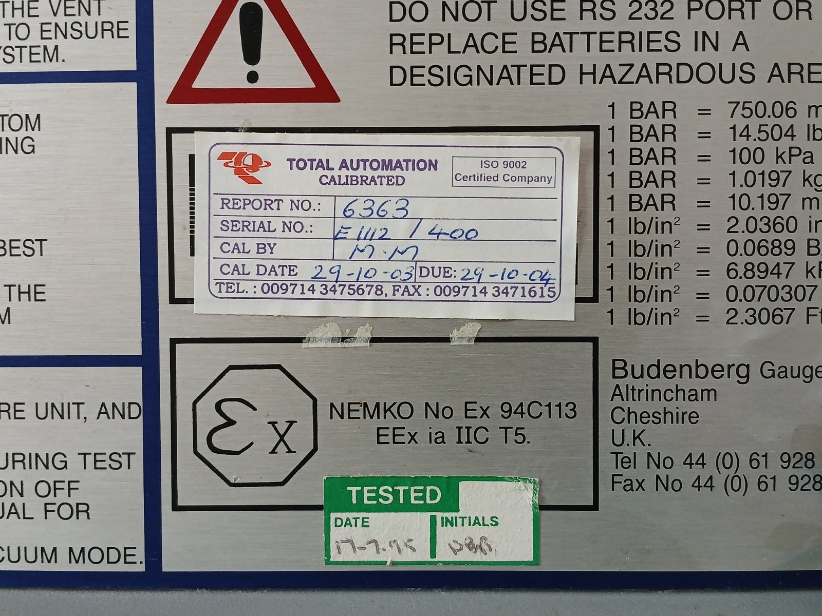 BUDENBERG E400 Digital Pneumatic Pressure Calibrator Kit 100 KPA (Incomplete)