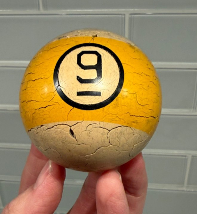 Vintage Clay Billiard Pool Ball Brunswick Aged Patina YELLOW STRIPED #9 Ball