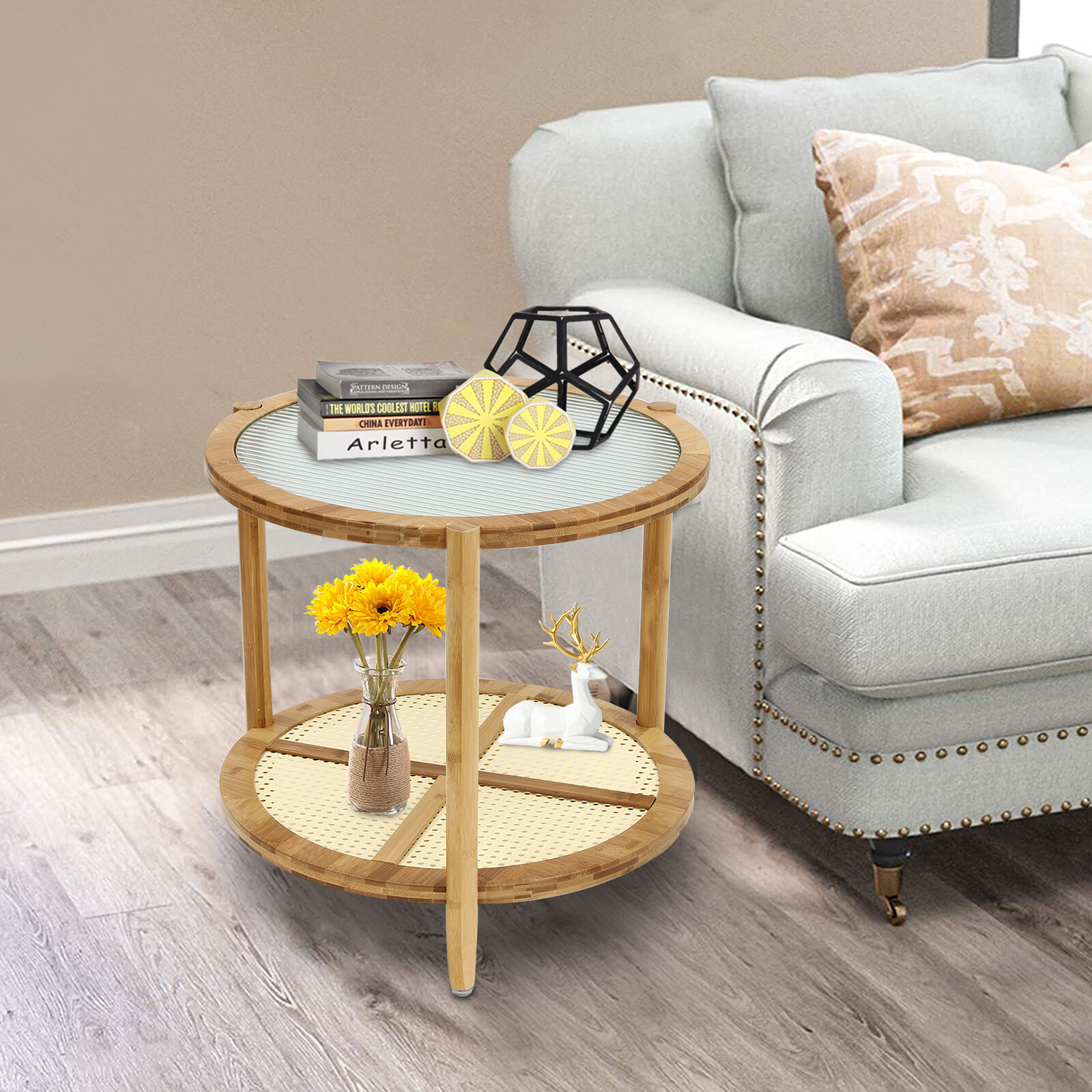Round Coffee Table,Wood Living Room Table 2 Tiers Indoor End Table?Free Standing