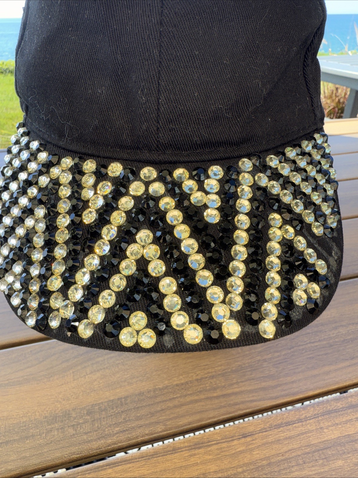 Rhinestone Black Baseball Type Hat Cap Gold and Black Sparkle Hook Loop Cotton