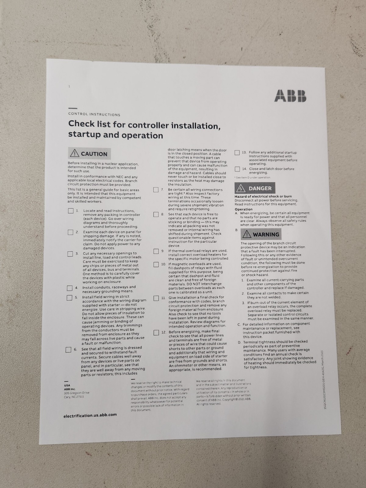 ABB Type 3R Enclosure Rainproof Pumping Plant Panel CR341D044CAA1AA New