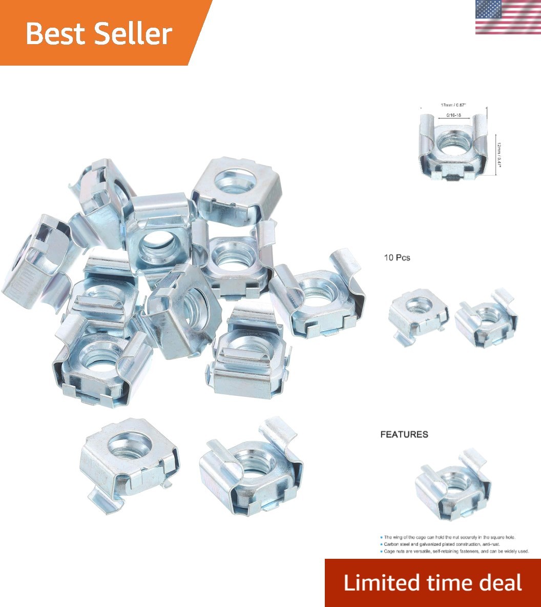 Snap-in 5/16-18 Cage Nuts - Zinc Plated, Perfect for Server Equipment, 10 Pcs