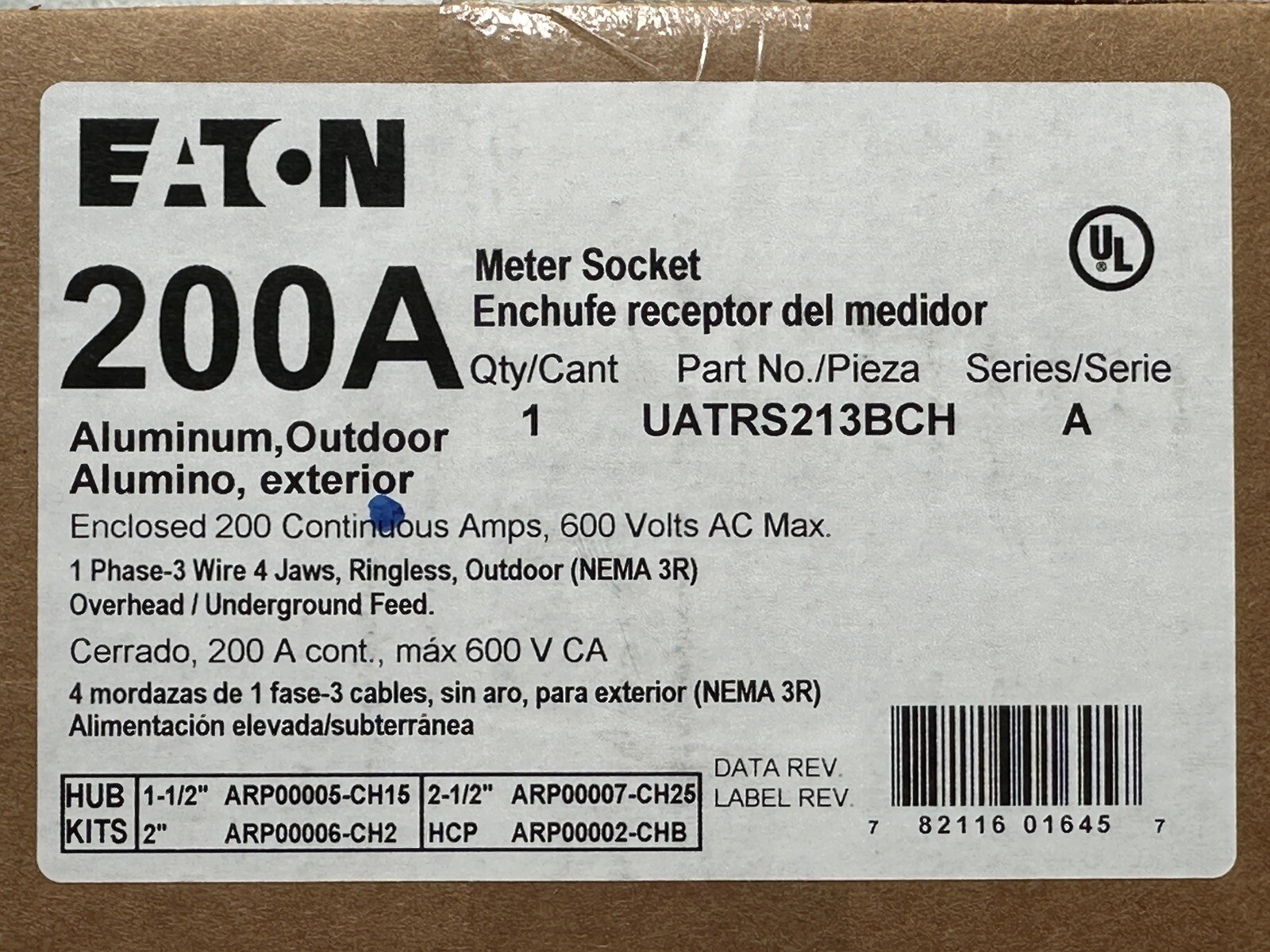 NEW EATON UATRS213BCH Aluminum Meter Socket 200A 3 Wire 4 Jaw 1Ph 3R Outdoor