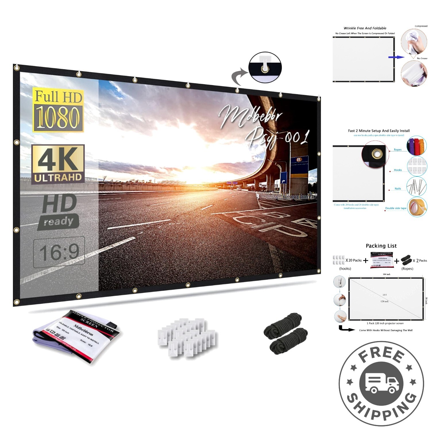 120-Inch Portable Projector Screen - Anti-Crease, Ideal for Home & Outdoor