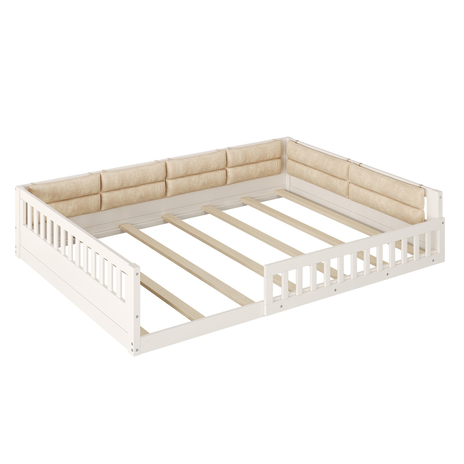 Full Size Upholstered Platform Bed with Guardrail & Pillow, Beige