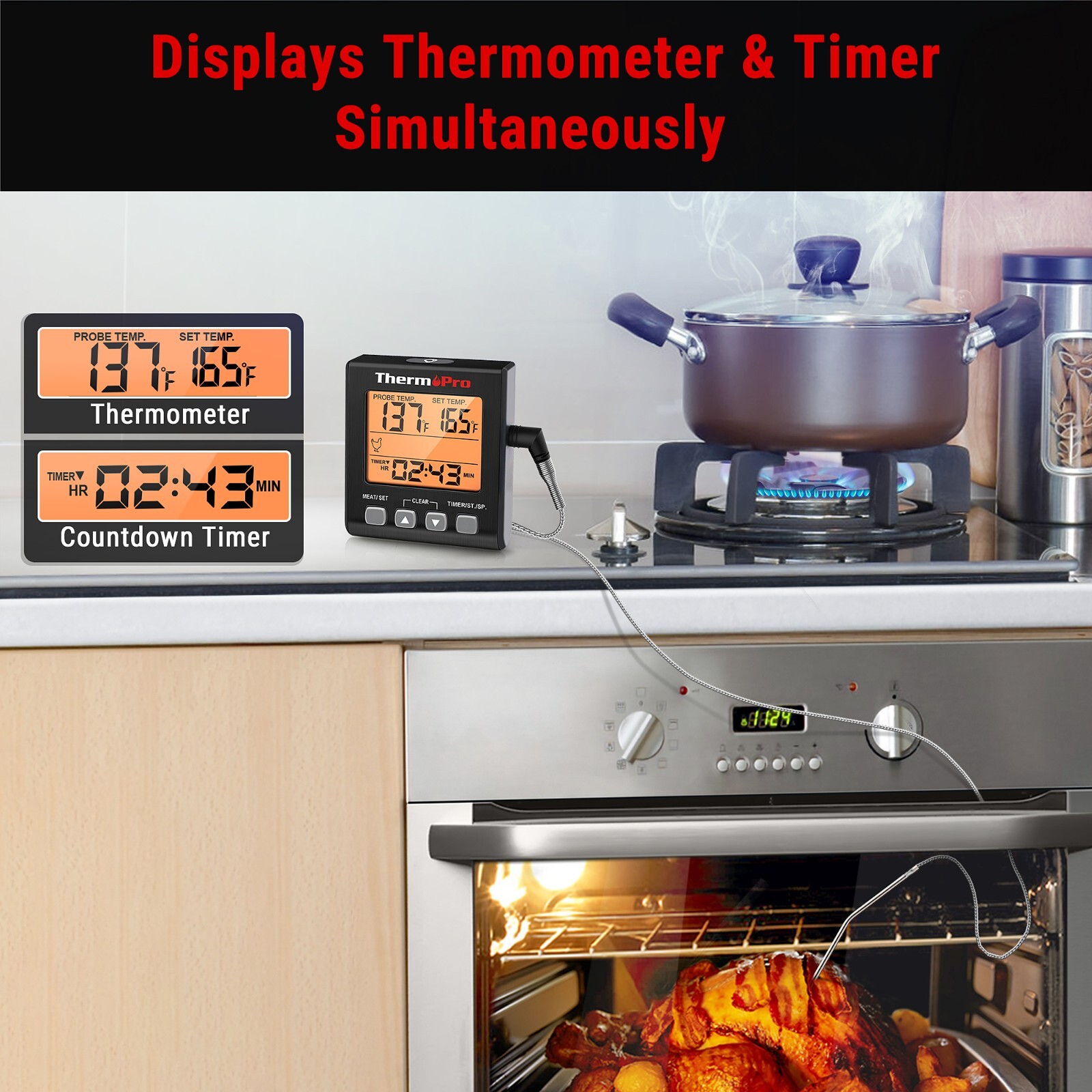 ThermoPro TP16SW Meat Cooking Thermometer with Timer Backlight for Oven Grilling