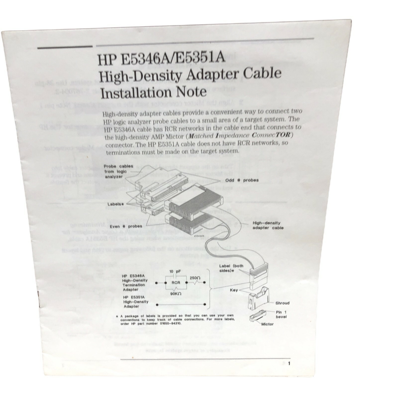 HP E5346A/E5351A HIGHDENSITY ADAPTER CABLE INSTALLATION NOTE