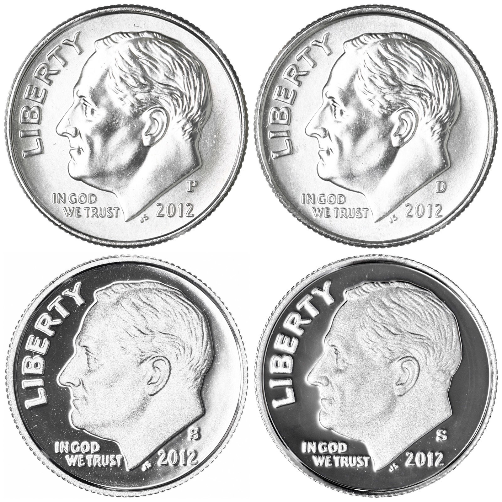 2012 P D S S Roosevelt Dime Year Set Silver & Clad Proof & BU US 4 Coin Lot