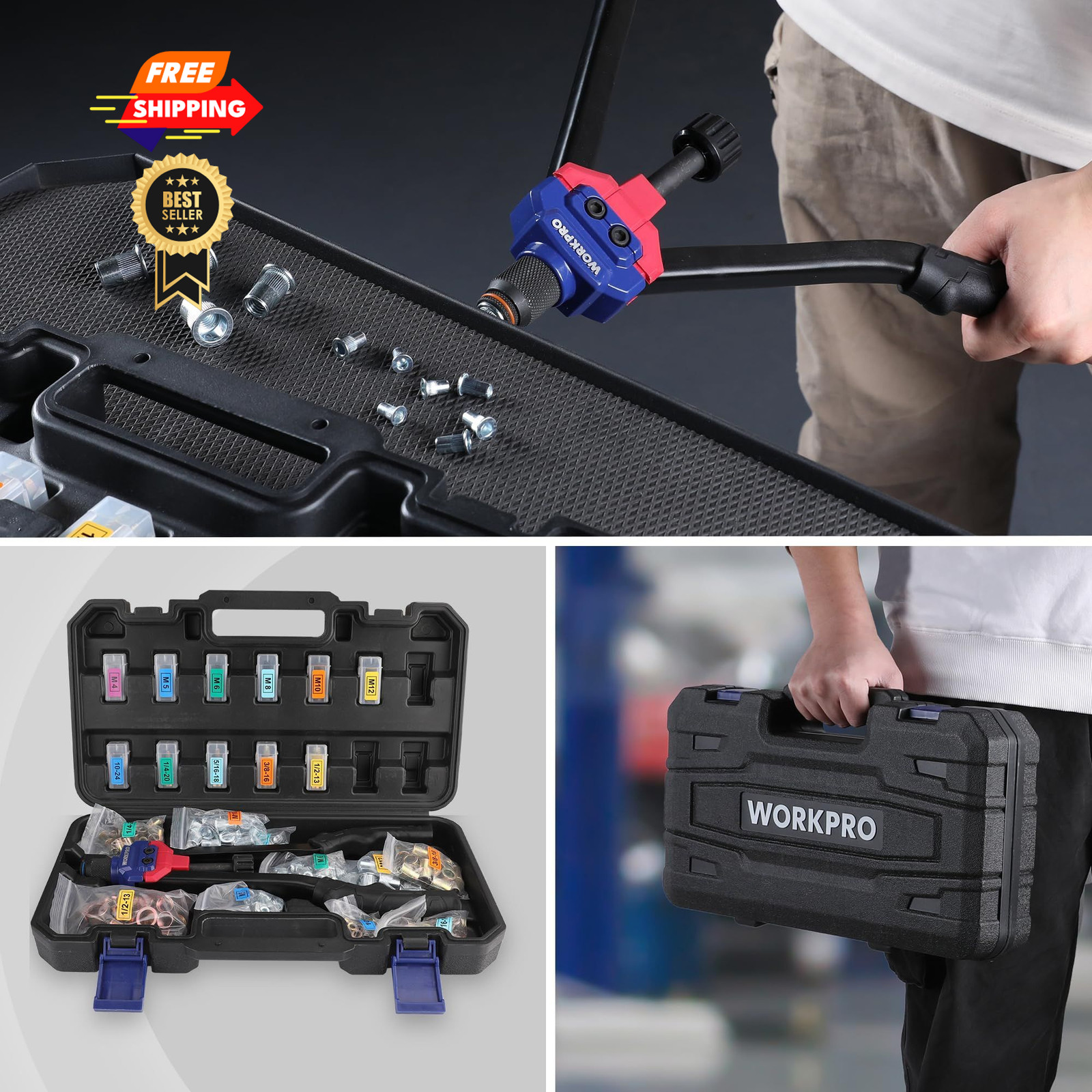 WORKPRO 16" Rivet Nut Tool Kit with Carrying Case Black, Red, Blue