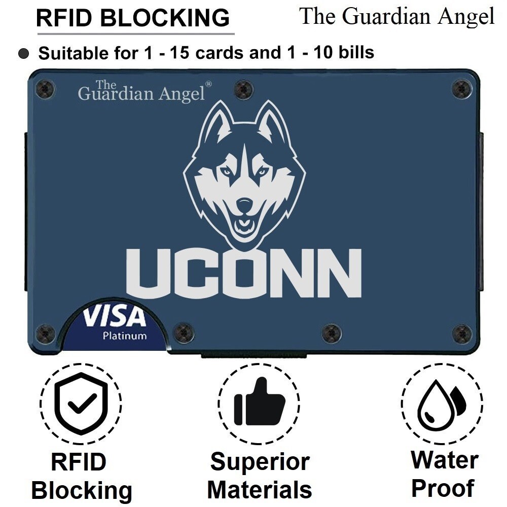 UConn Huskies Engraved Titanium Blue RFID Blocking Wallet w Clip D7