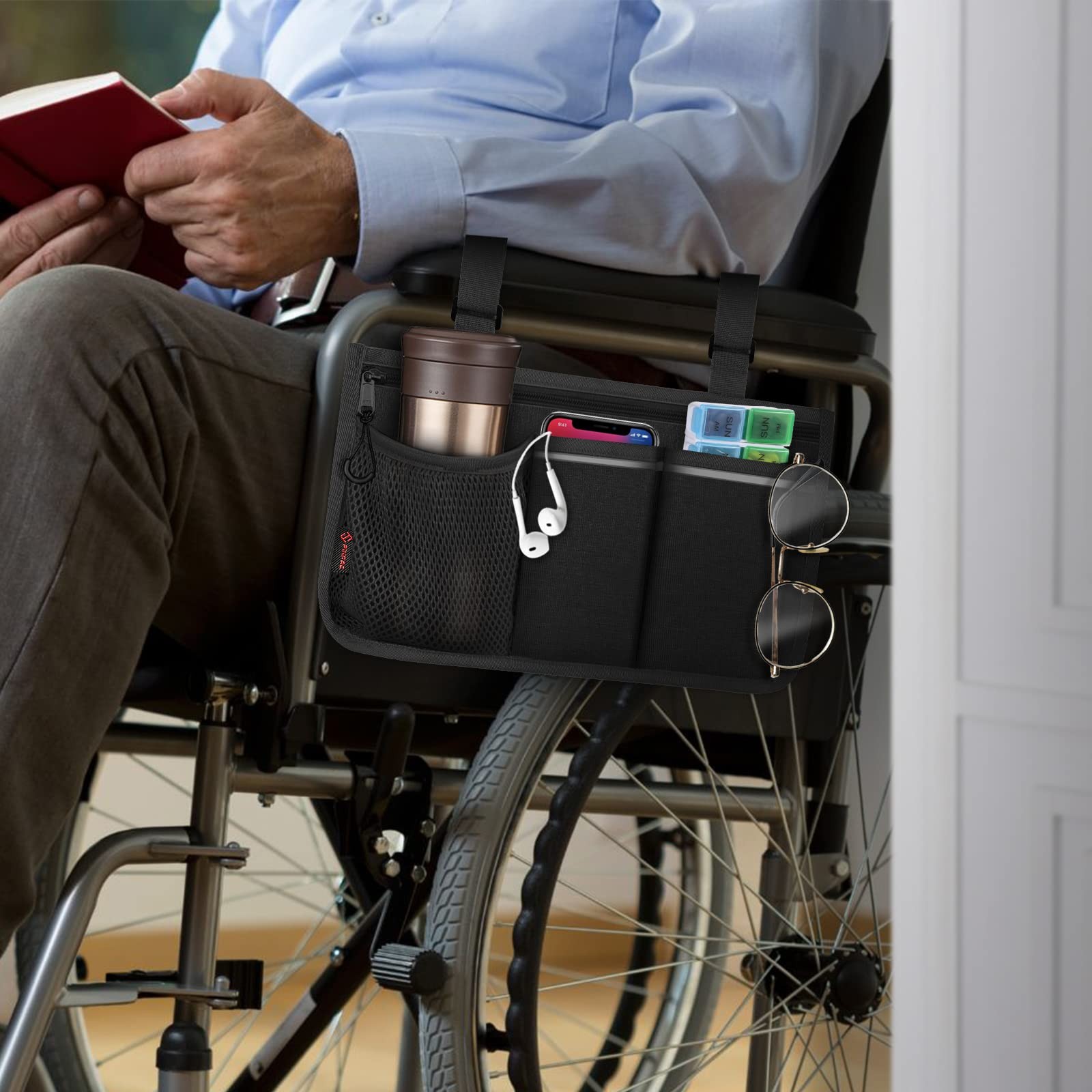 FINPAC Wheelchair Side Storage Bag - Armrest Accessories Black