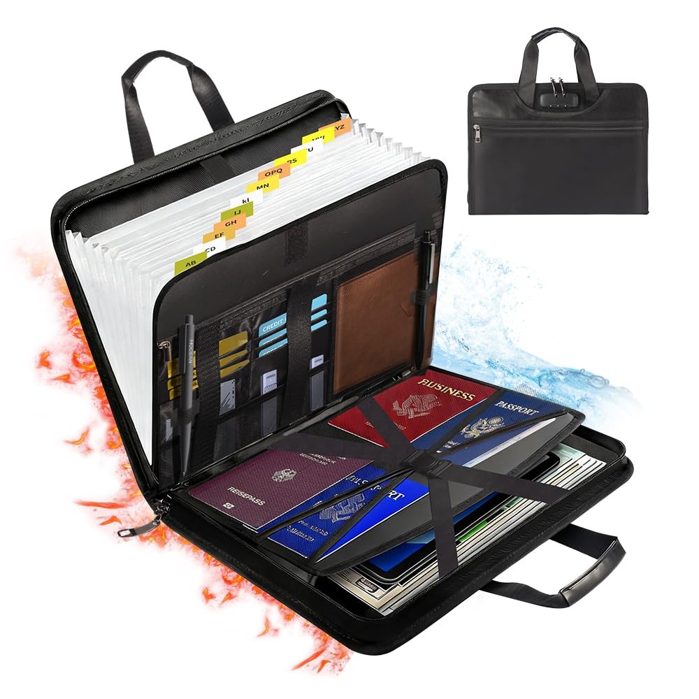 Fireproof Accordion File Organizer with Lock, Expanding File Folder for Impor...