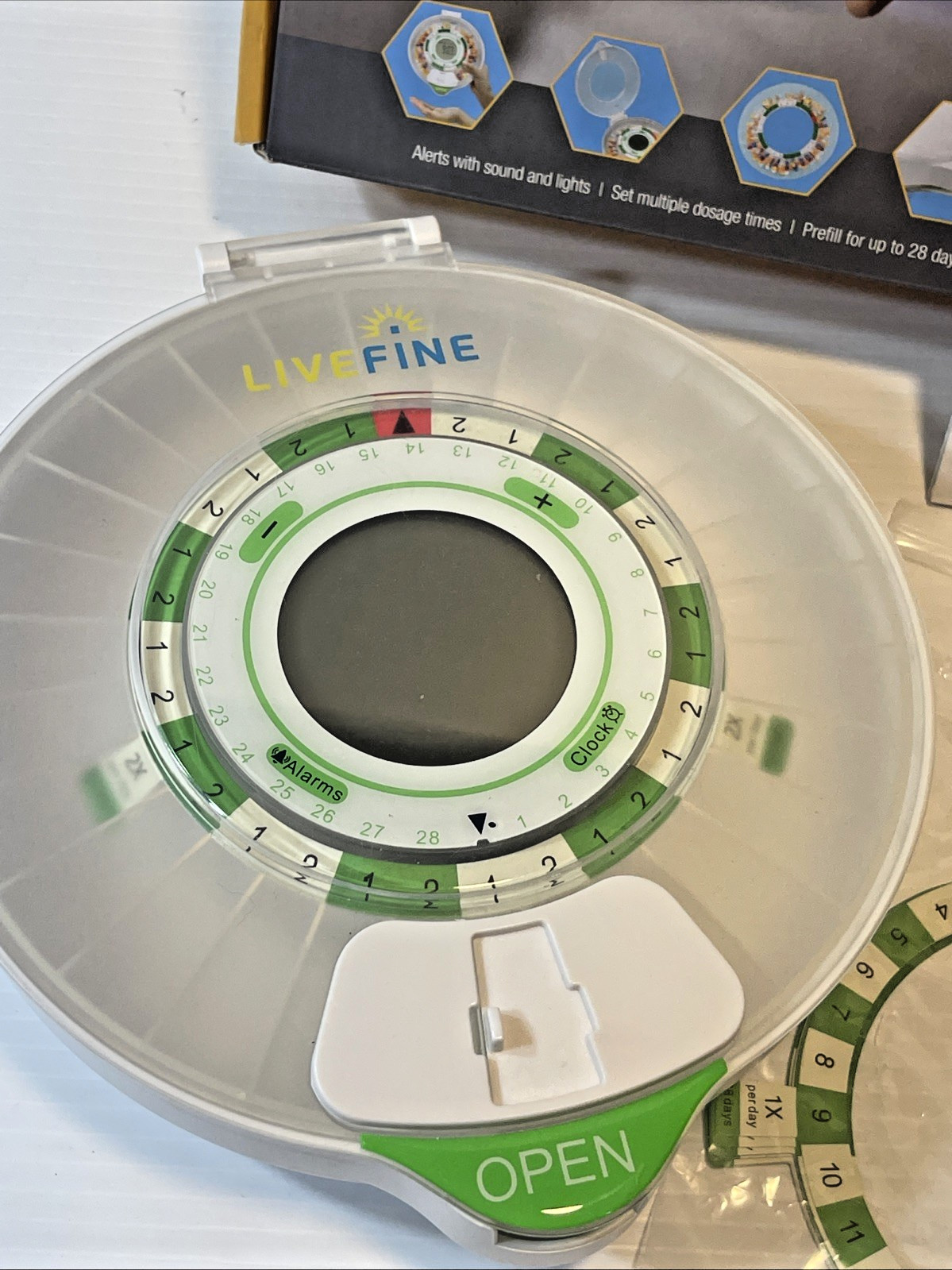 LiveFine Automatic Pill Dispenser with Key Lid Lock Alarm Large Display Open Box