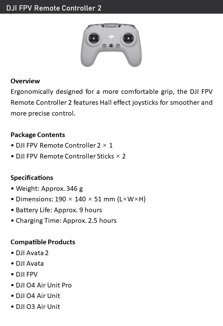 DJI FPV Remote Controller 2 –Hall Effect Joysticks, 9hr Battery, For Multi-Drone