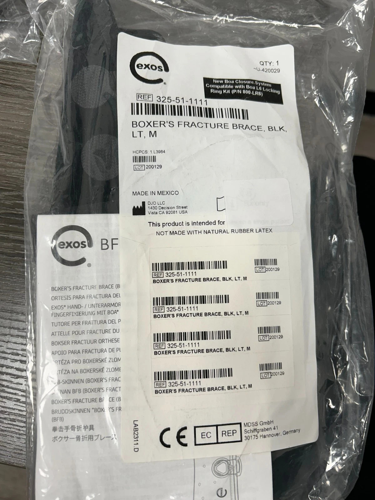 DJO Exos Boxer's Fracture Brace Medium, Left, 325-51-1111, NEW
