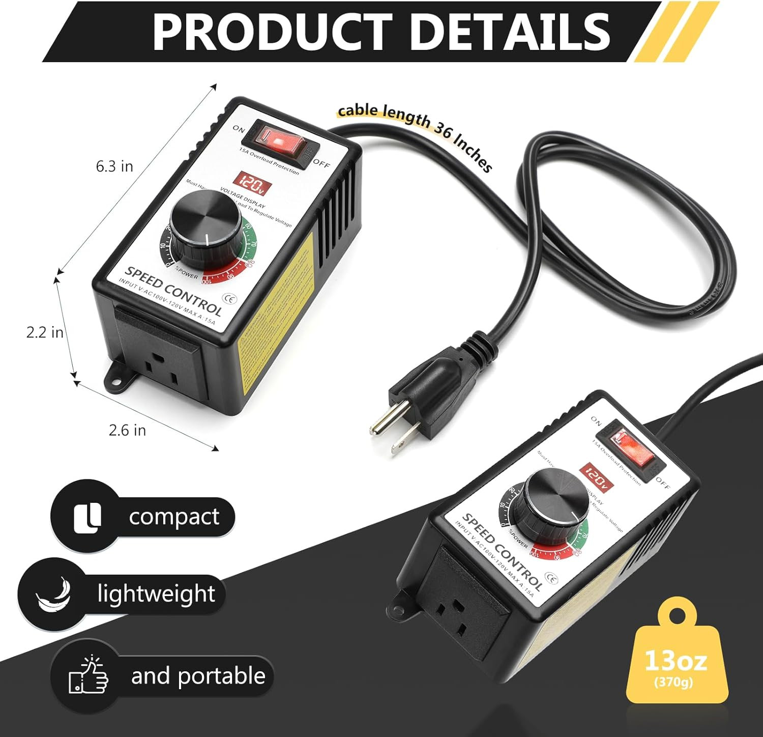 Variable Motor Speed Controller AC 100V-120V 15A, 4000W Speed Control Switch