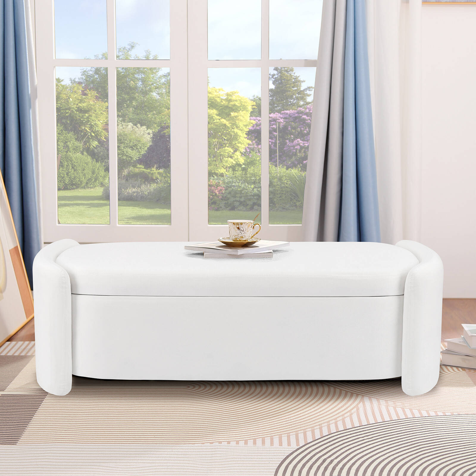 Velvet Oval Storage Bed Bench, Upholstered End of Bed Stool with Hidden Storage