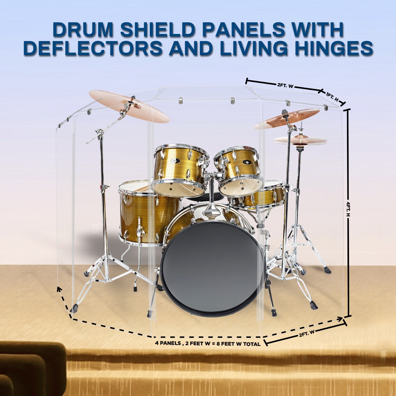 Drum Shield, 2ft. x 4 ft. Drum Panels 4 Panels with Deflectors and Living Hinges